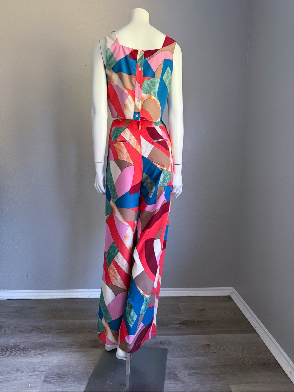 Entro 2 Piece Set Small Multicolor Abstract Crop Top Wide Leg Pants Retro 70s - Picture 6 of 15